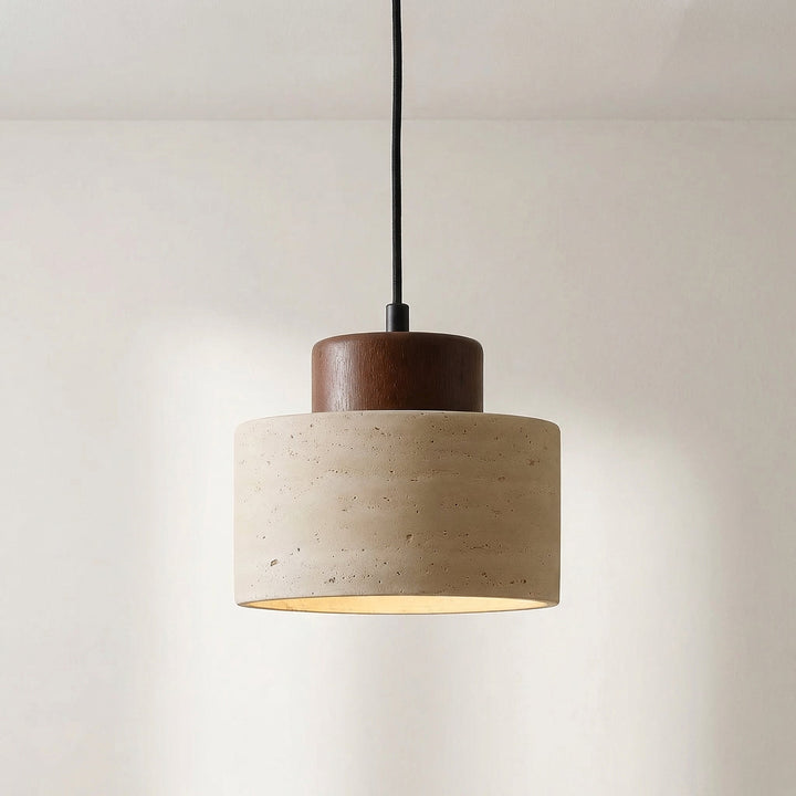Natural Travertine Stone Pendant Light with Wood Accent, Dimmable LED 6