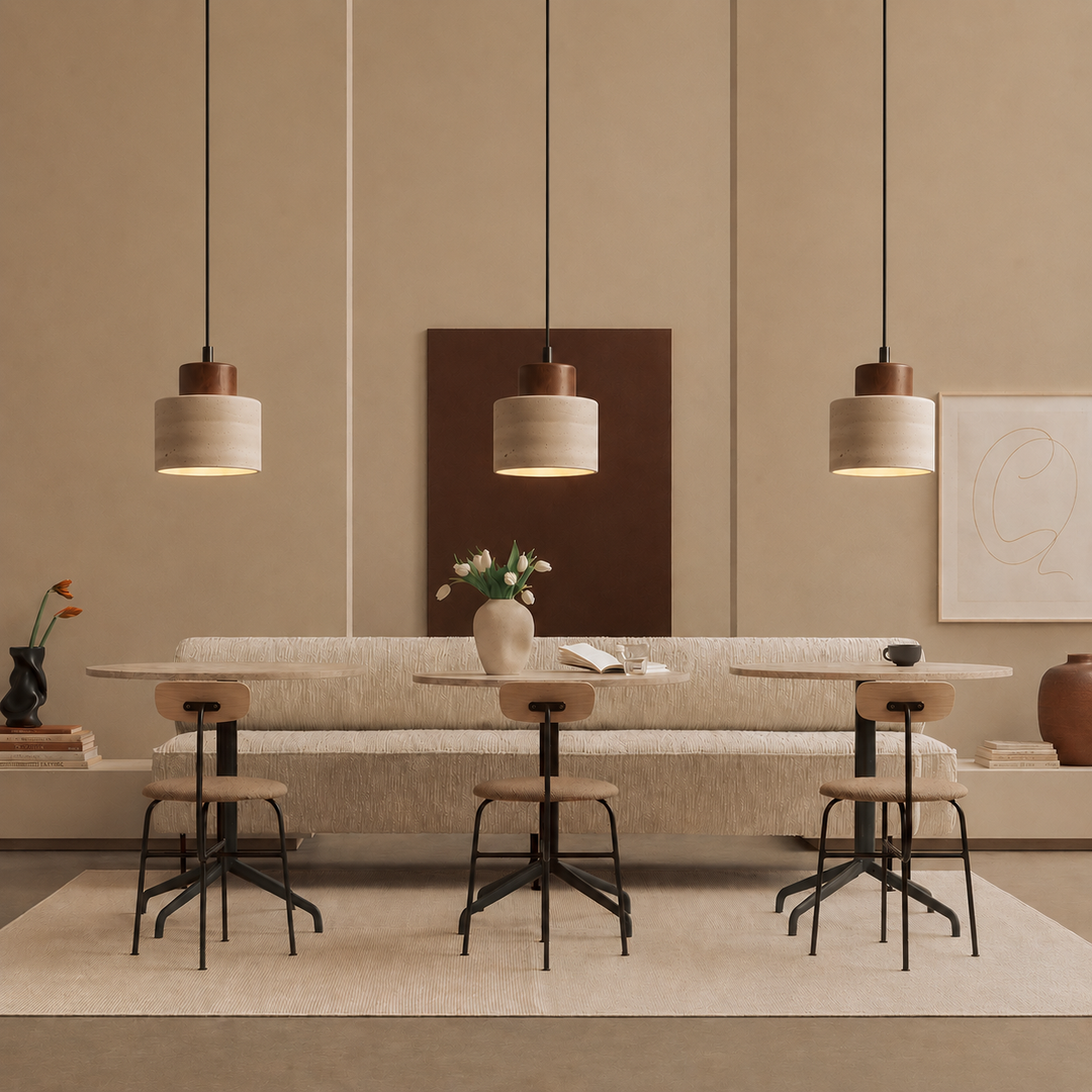 Natural Travertine Stone Pendant Light with Wood Accent, Dimmable LED 3