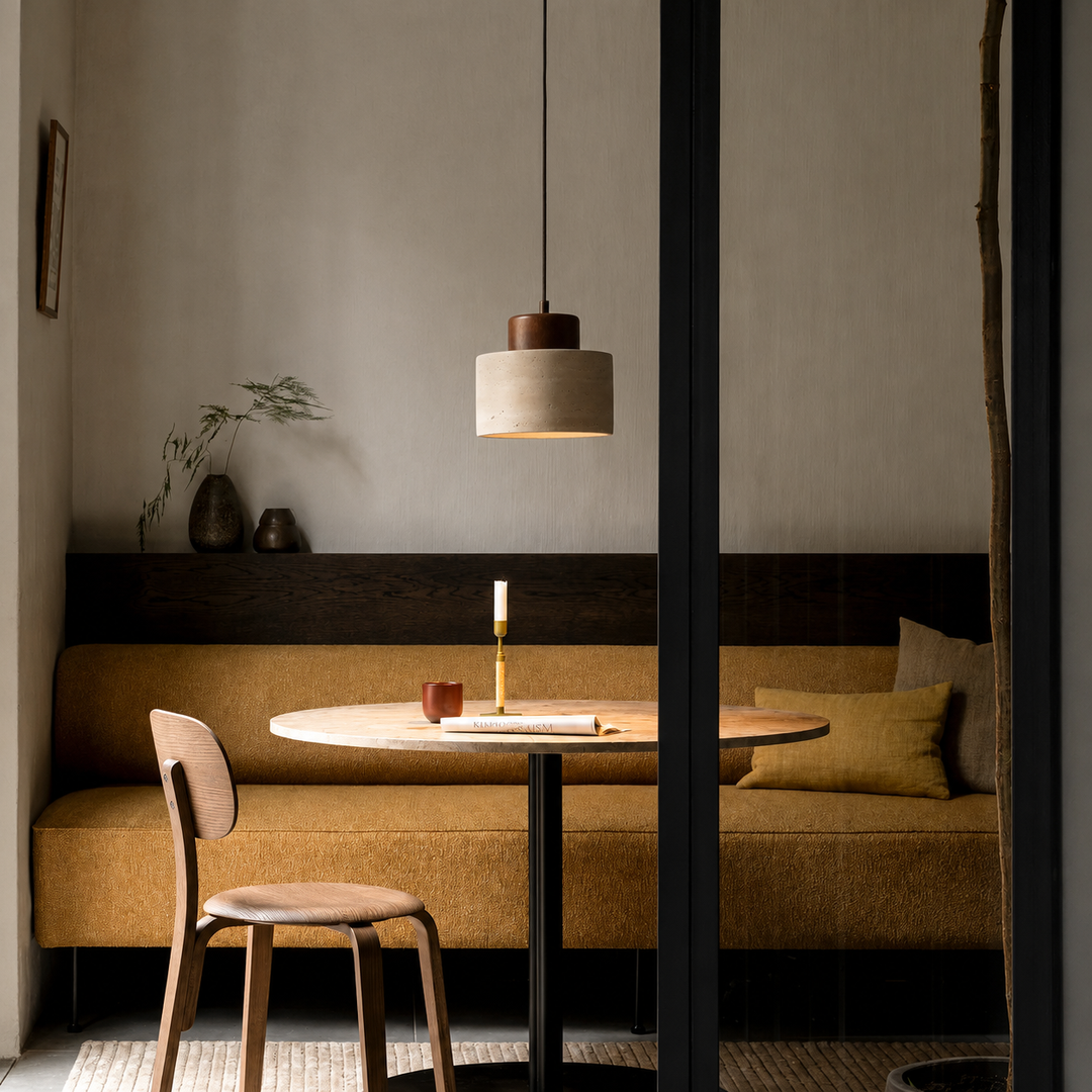 Natural Travertine Stone Pendant Light with Wood Accent, Dimmable LED 4