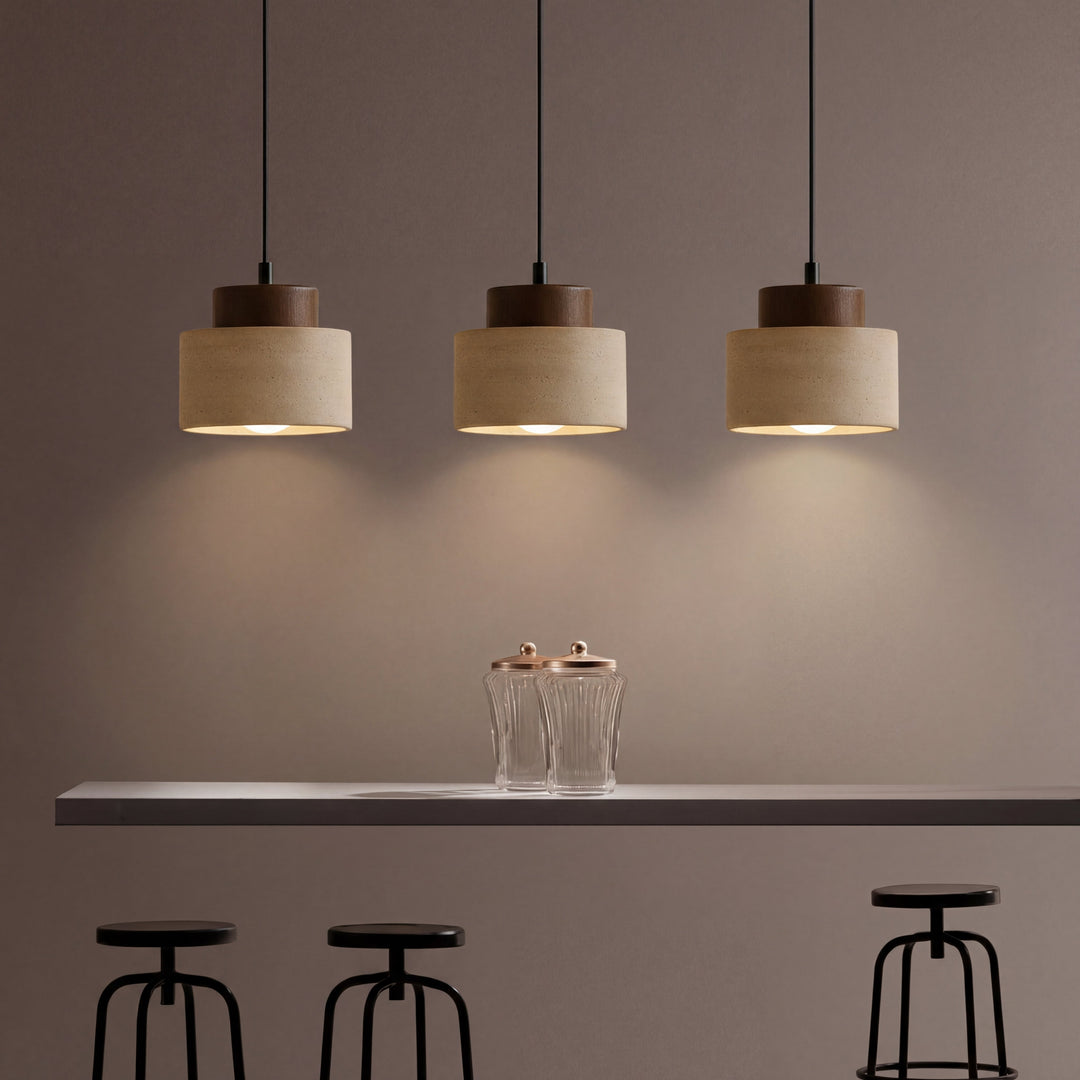Natural Travertine Stone Pendant Light with Wood Accent, Dimmable LED 5