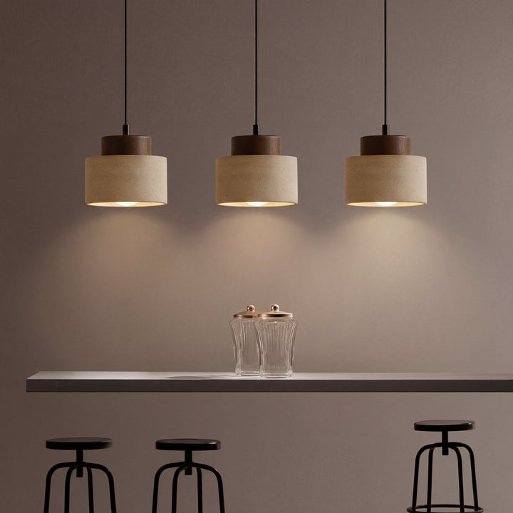 Natural Travertine Stone Pendant Light with Wood Accent, Dimmable LED 5