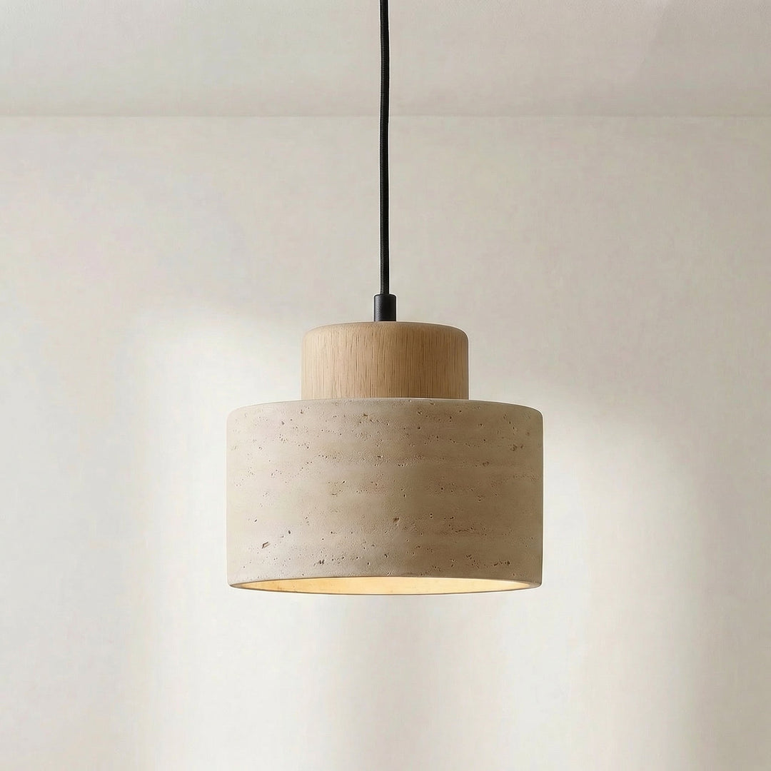 Natural Travertine Stone Pendant Light with Wood Accent, Dimmable LED 7