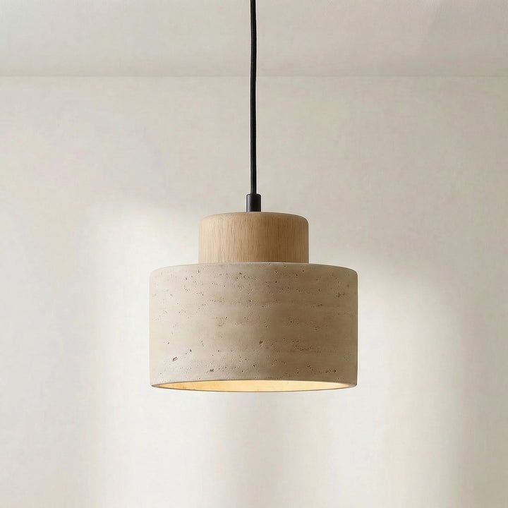 Natural Travertine Stone Pendant Light with Wood Accent, Dimmable LED 7
