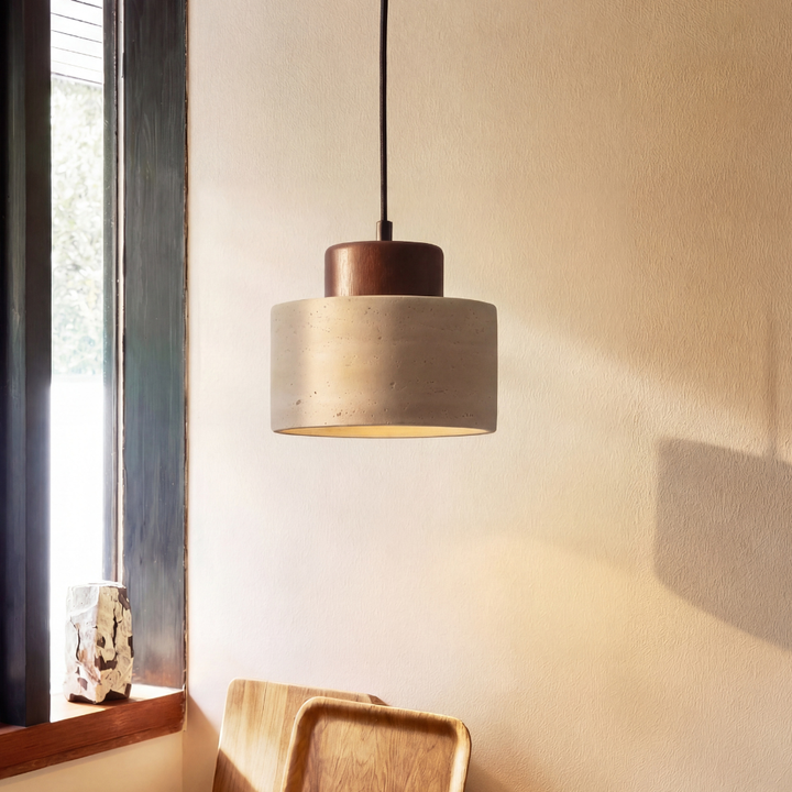 Natural Travertine Stone Pendant Light with Wood Accent, Dimmable LED 2