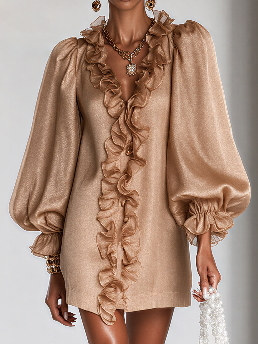 Elegant Ruffled Mini Dress with Puff Sleeves and Subtle Shimmer 4