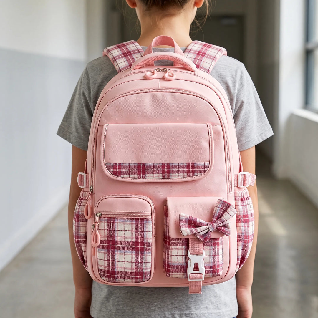 Structured School Backpack with Plaid Accents - Comfort and Style 1