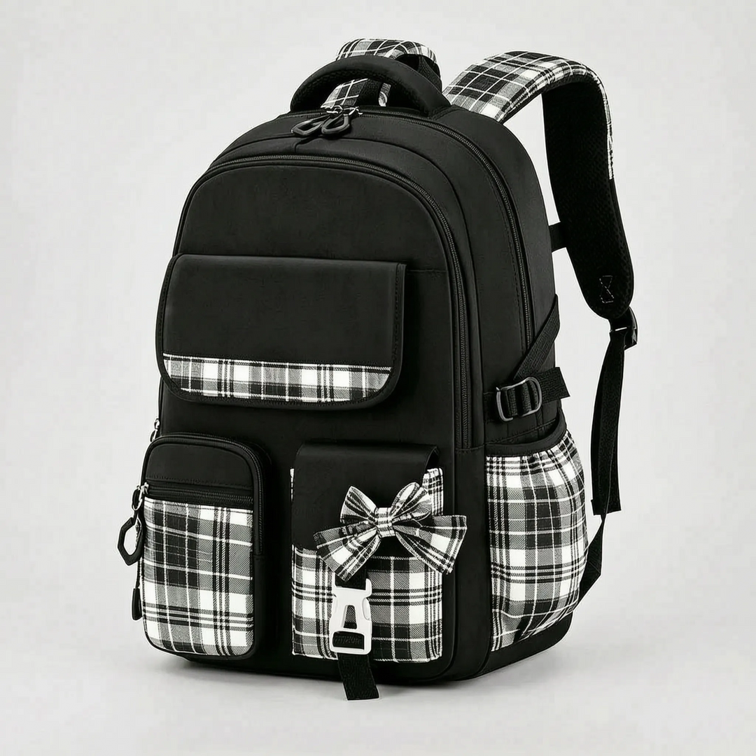 Structured School Backpack with Plaid Accents - Comfort and Style 7