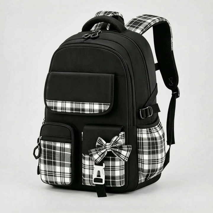 Structured School Backpack with Plaid Accents - Comfort and Style 7