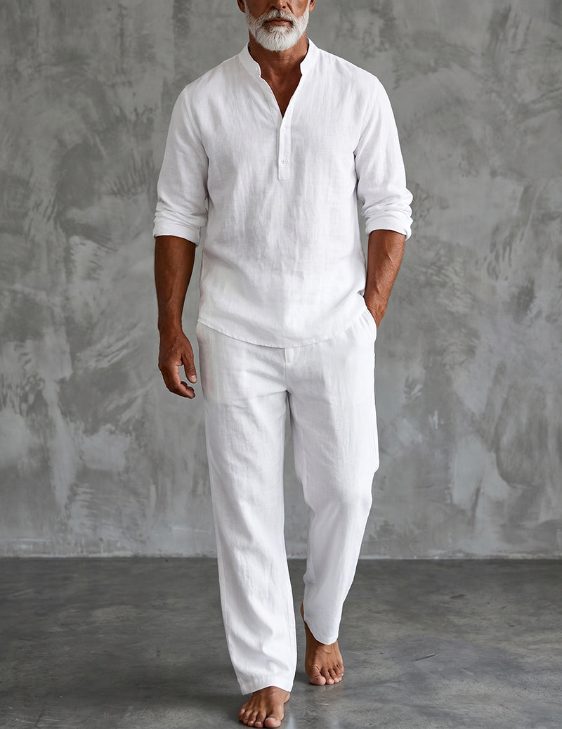 Men's Linen Henley Shirt and Relaxed Pants Two-Piece Set 1