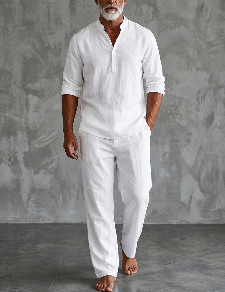 Men's Linen Henley Shirt and Relaxed Pants Two-Piece Set 1