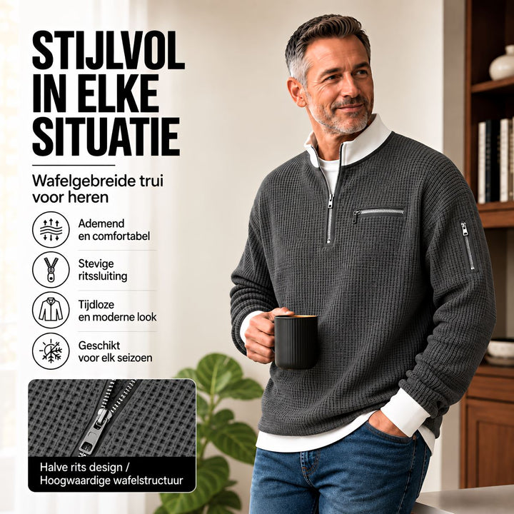 Men's Waffle-Knit Sweater with Quarter-Zip Collar 1