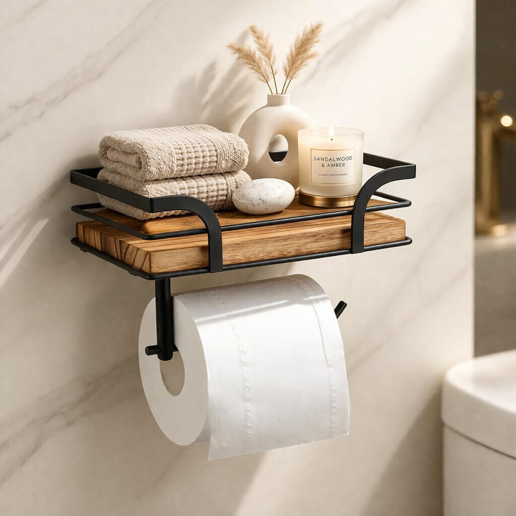 Wall-Mounted Toilet Paper Holder with Shelf for Phone and Tissues 1