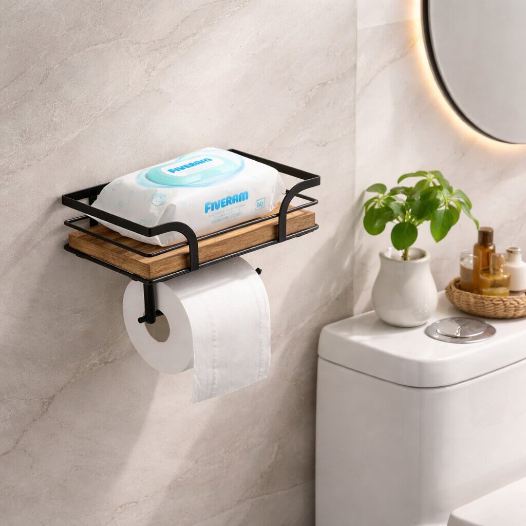 Wall-Mounted Toilet Paper Holder with Shelf for Phone and Tissues 2