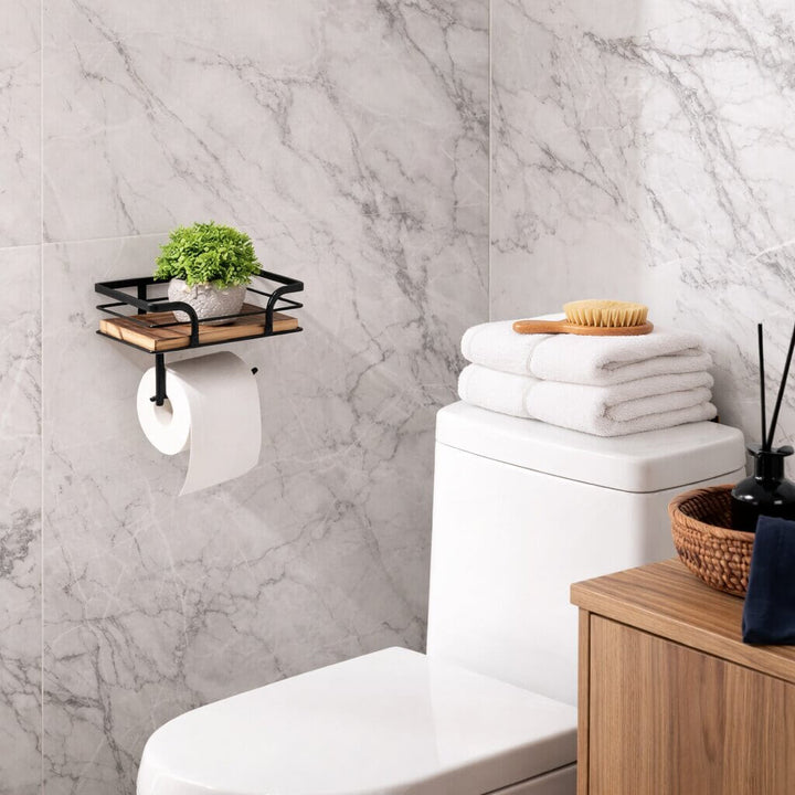 Wall-Mounted Toilet Paper Holder with Shelf for Phone and Tissues 3