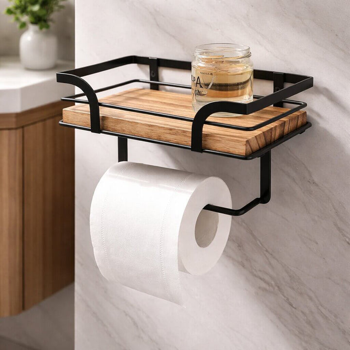 Wall-Mounted Toilet Paper Holder with Shelf for Phone and Tissues 5