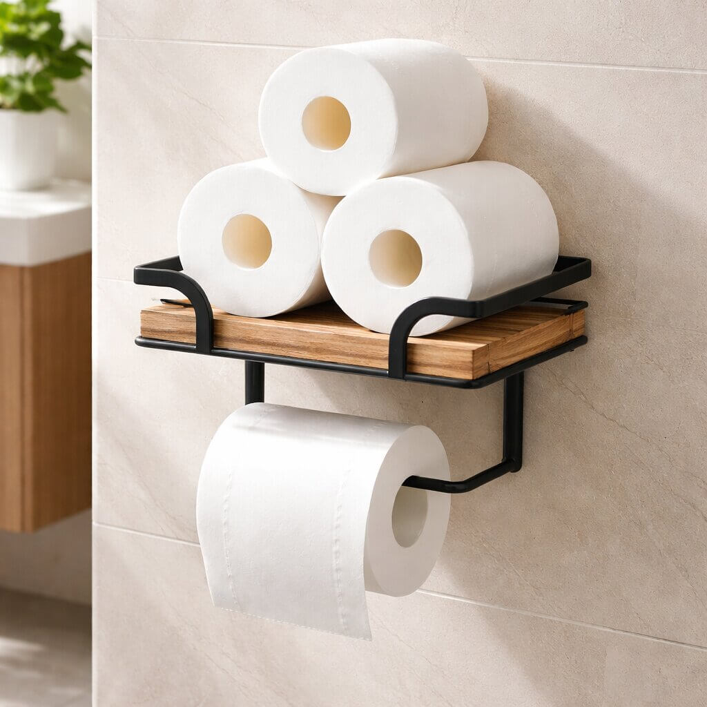 Wall-Mounted Toilet Paper Holder with Shelf for Phone and Tissues 4