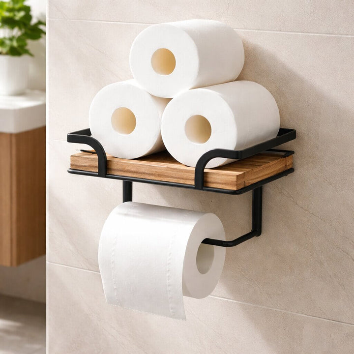 Wall-Mounted Toilet Paper Holder with Shelf for Phone and Tissues 4