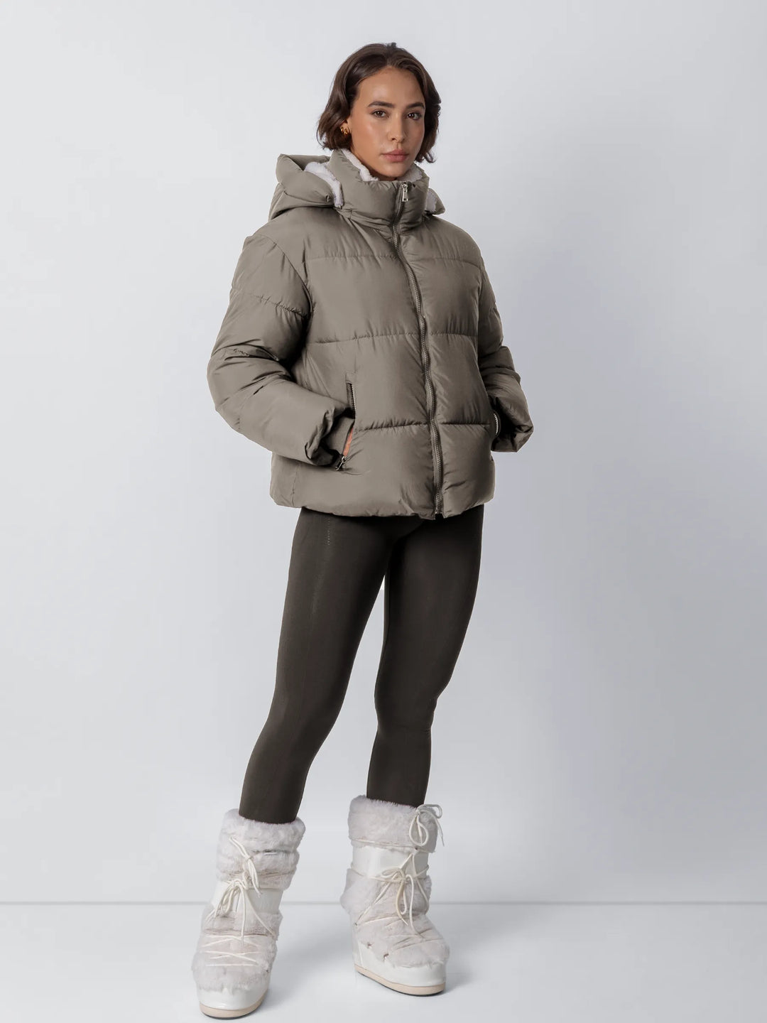 Women's Cropped Padded Puffer Jacket with Detachable Hood and Fleece Lining 21