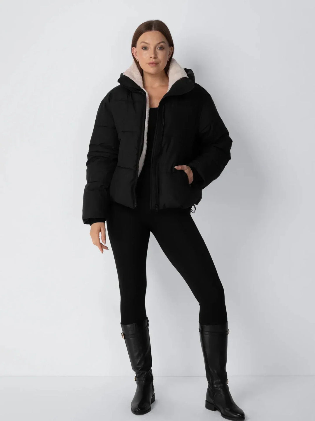 Women's Cropped Padded Puffer Jacket with Detachable Hood and Fleece Lining 13
