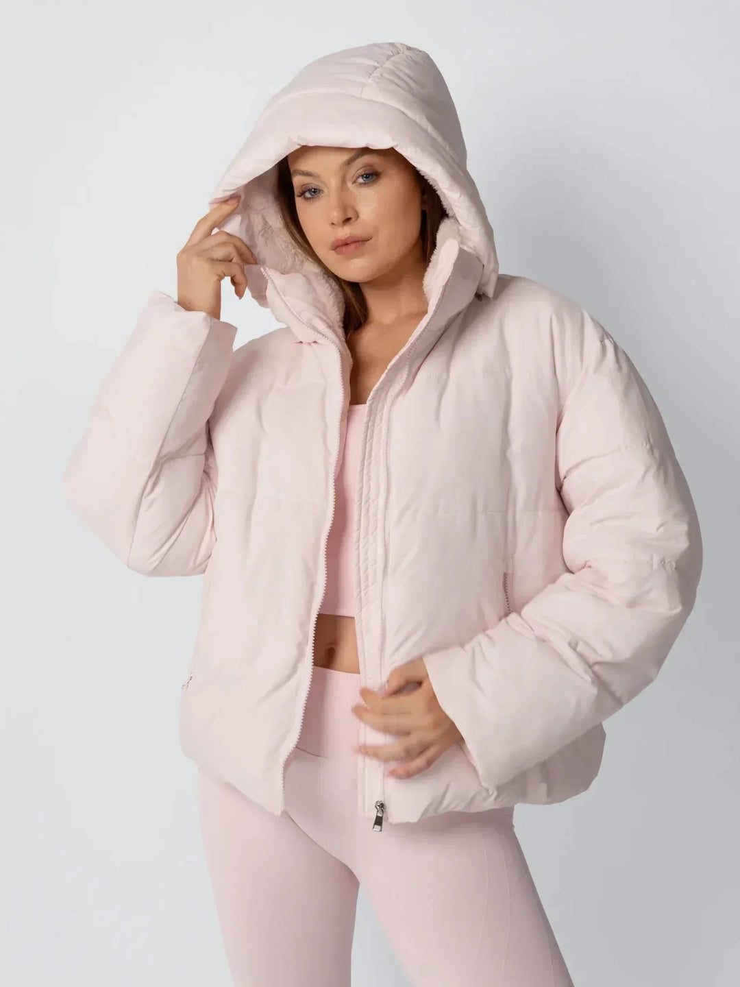 Women's Cropped Padded Puffer Jacket with Detachable Hood and Fleece Lining 6