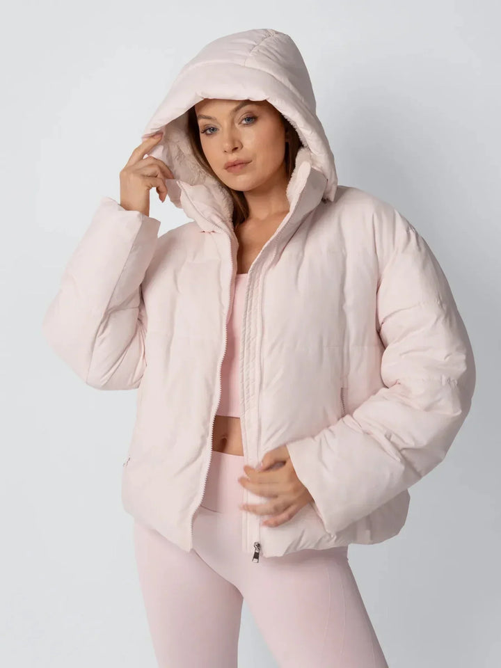 Women's Cropped Padded Puffer Jacket with Detachable Hood and Fleece Lining 6