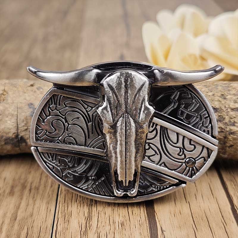 Oval Bull Skull Belt Buckle with Hidden Knife 8