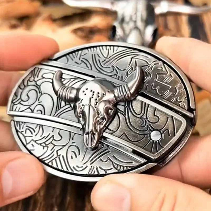 Oval Bull Skull Belt Buckle with Hidden Knife 1