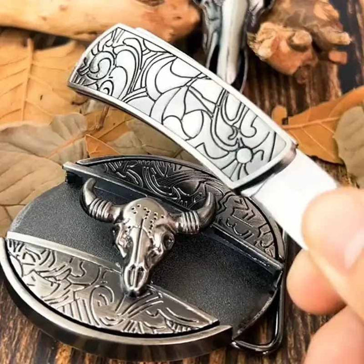 Oval Bull Skull Belt Buckle with Hidden Knife 2