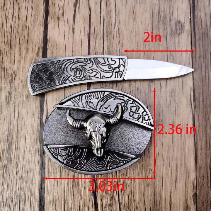 Oval Bull Skull Belt Buckle with Hidden Knife 3