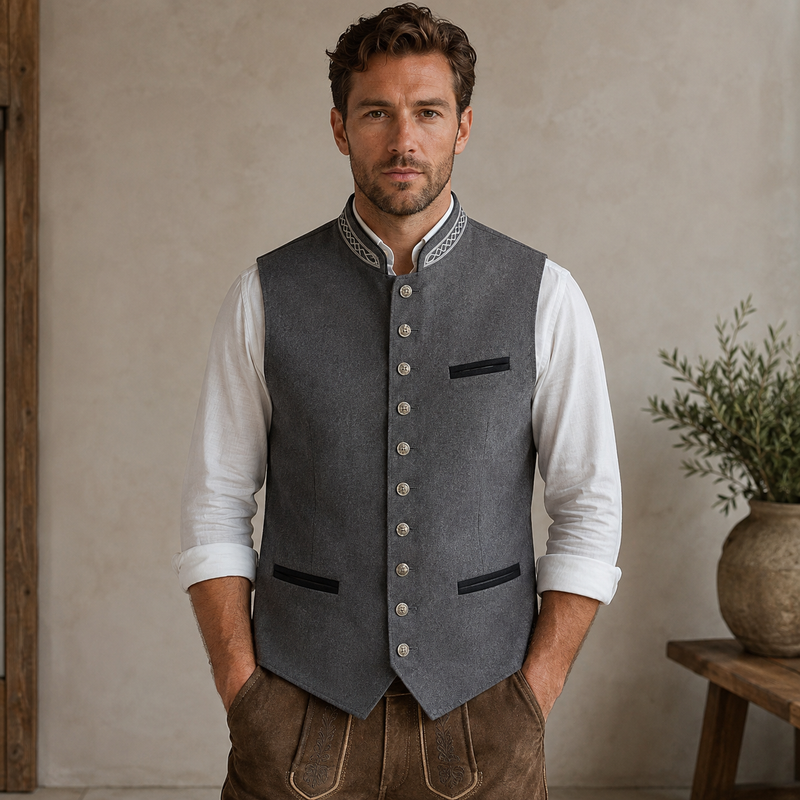 Men's Gray Bavarian-Style Vest with Buttons 1
