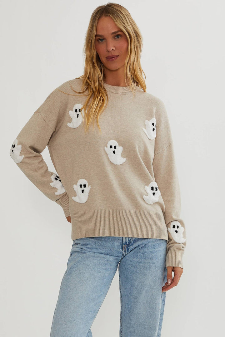 Women's Ghost Appliqué Knit Sweater, Relaxed Long-Sleeve Pullover 1