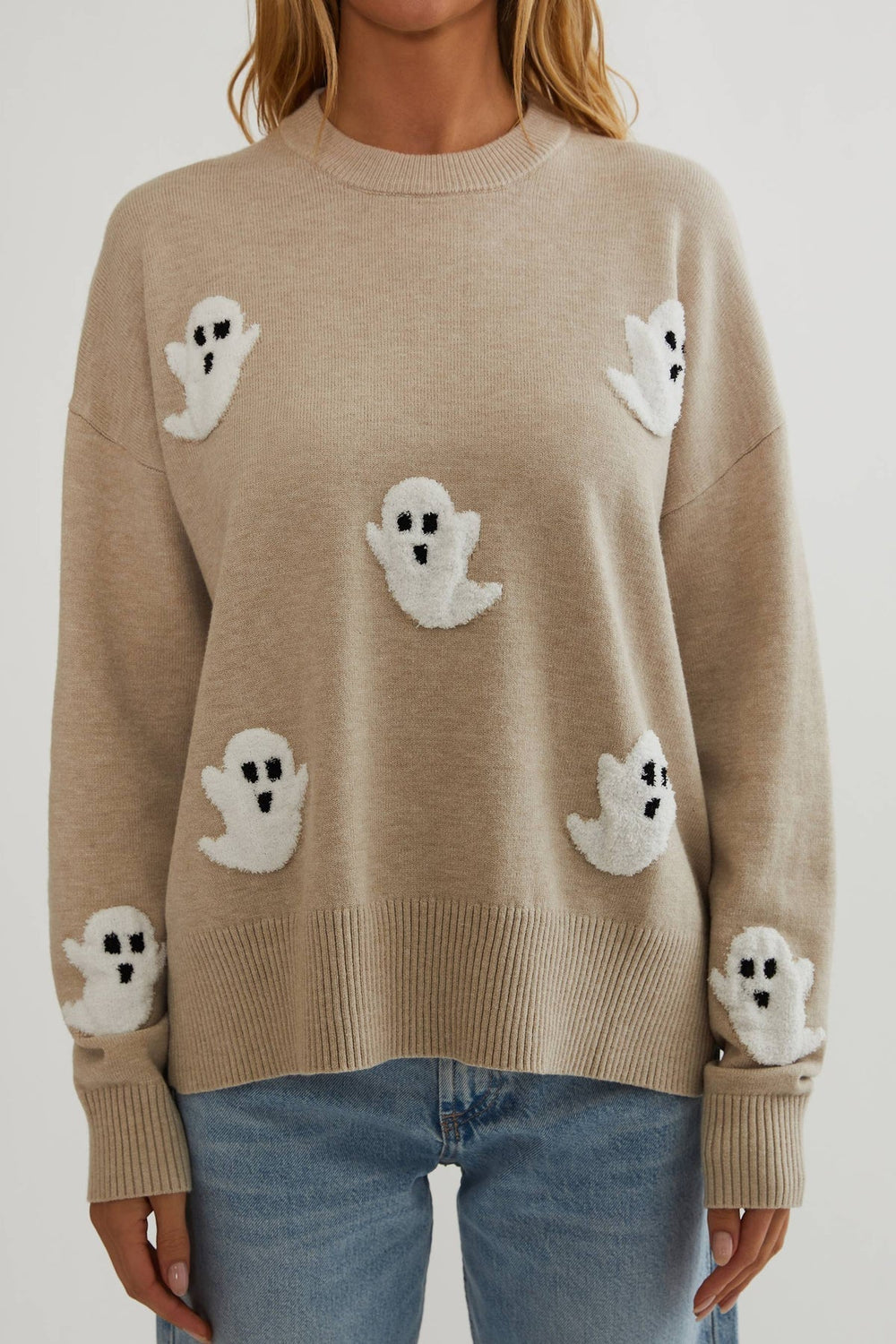 Women's Ghost Appliqué Knit Sweater, Relaxed Long-Sleeve Pullover 2