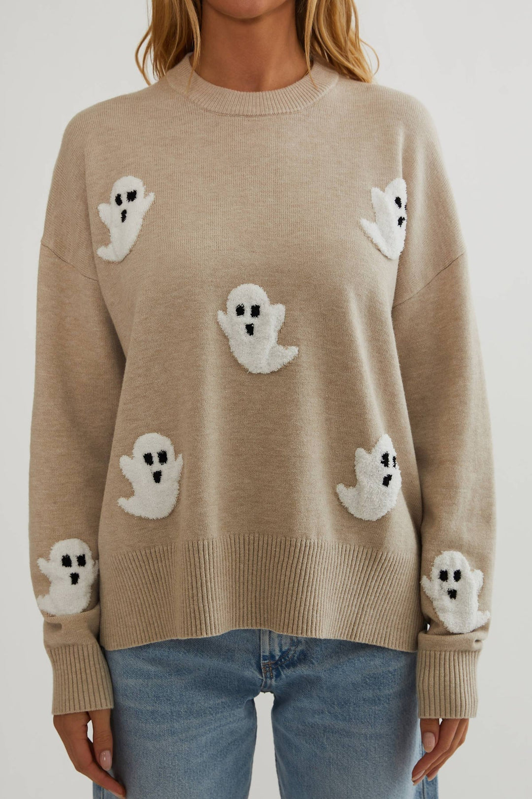 Women's Ghost Appliqué Knit Sweater, Relaxed Long-Sleeve Pullover 2
