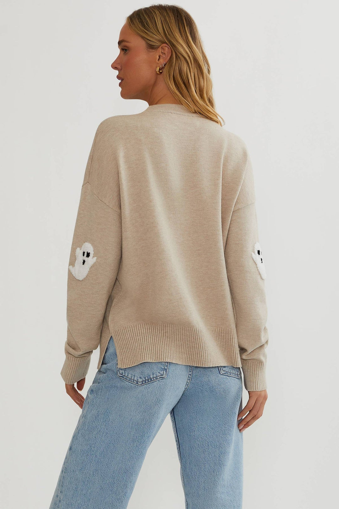 Women's Ghost Appliqué Knit Sweater, Relaxed Long-Sleeve Pullover 5
