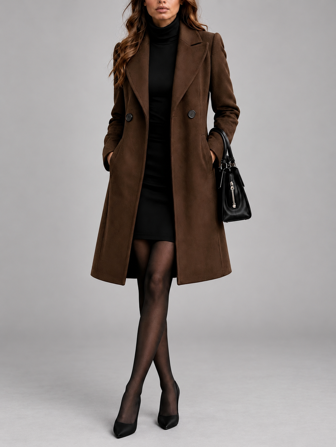 Women's Double Breasted Longline Wool Blend Coat with Notched Lapel 8
