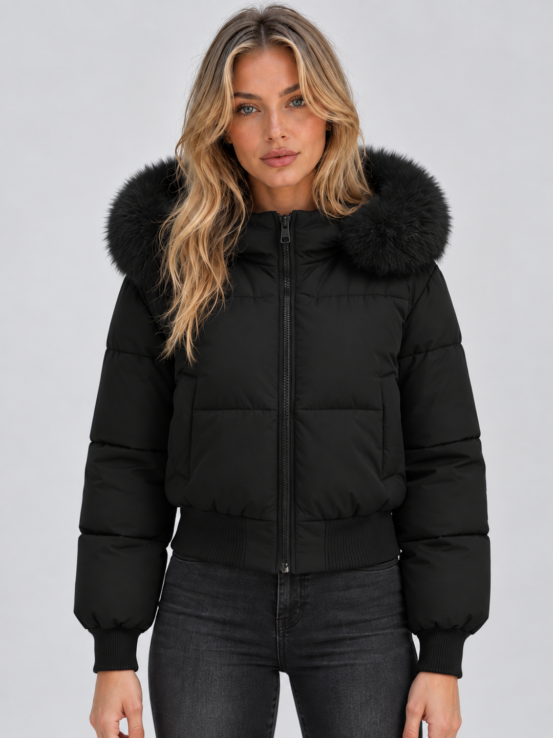 Women's Padded Puffer Jacket with Faux Fur Collar and Ribbed Trims 1