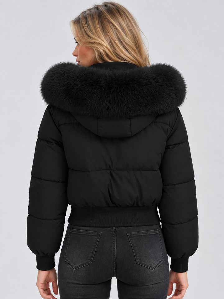 Women's Padded Puffer Jacket with Faux Fur Collar and Ribbed Trims 2