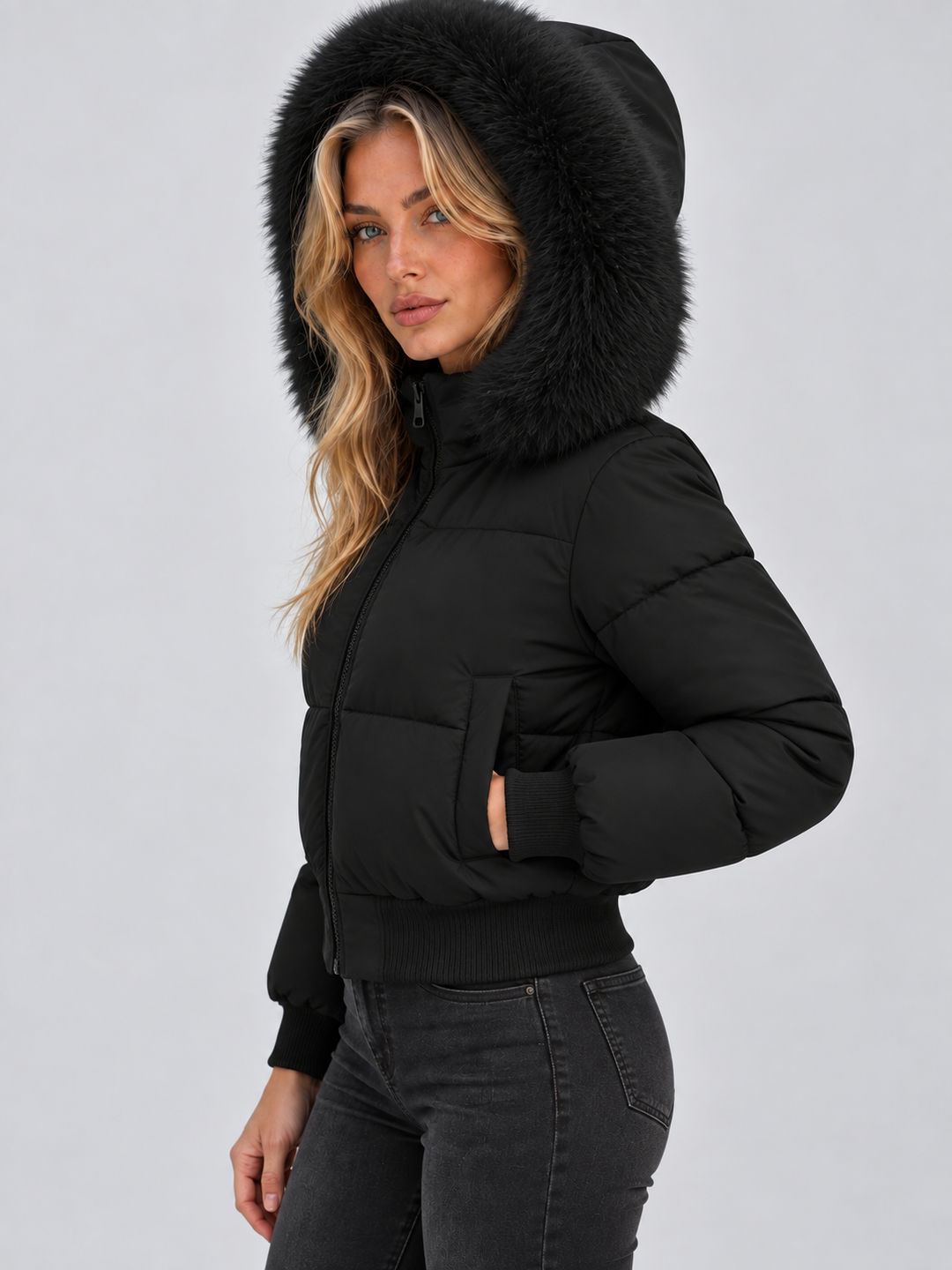 Women's Padded Puffer Jacket with Faux Fur Collar and Ribbed Trims 3