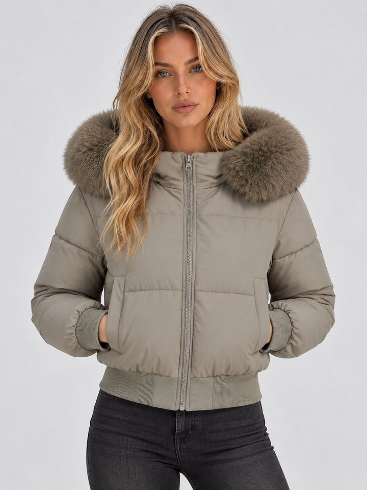 Women's Padded Puffer Jacket with Faux Fur Collar and Ribbed Trims 5