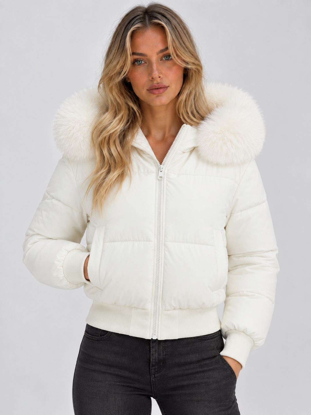 Women's Padded Puffer Jacket with Faux Fur Collar and Ribbed Trims 4
