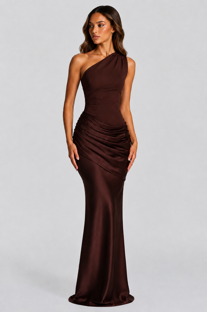 One Shoulder Draped Satin Maxi Dress 6