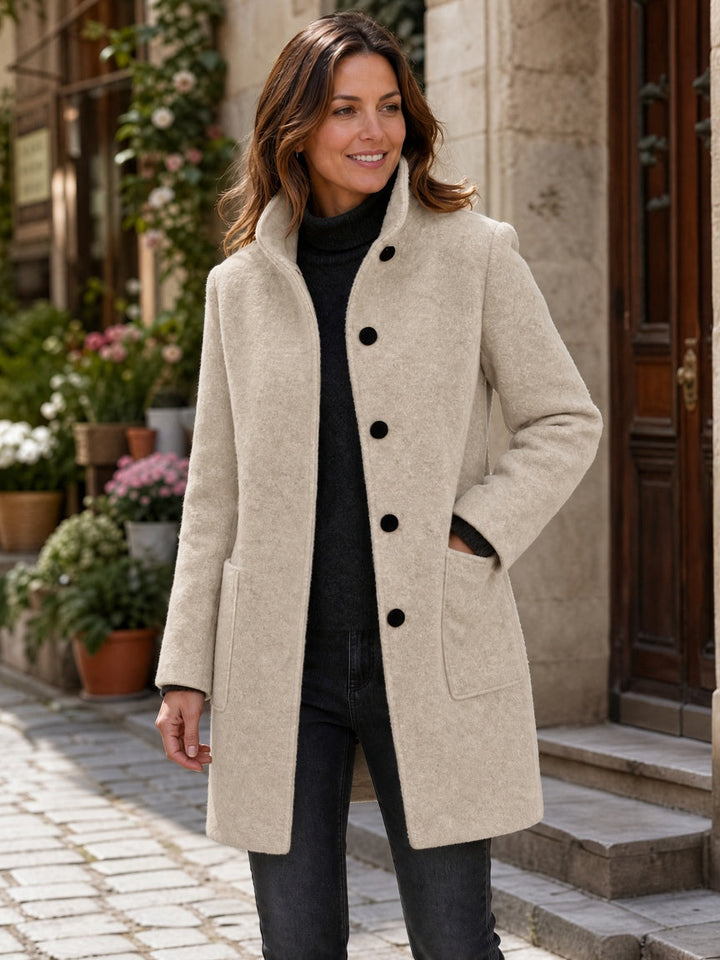 Women's Wool Blend Single-Breasted Coat with Stand Collar and Patch Pockets 9