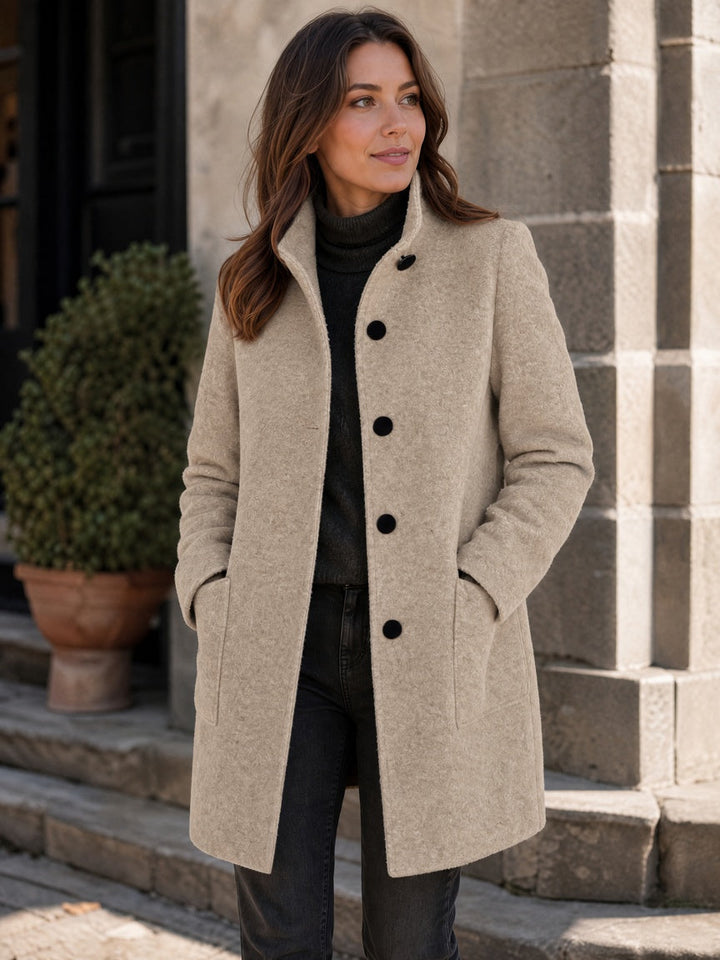 Women's Wool Blend Single-Breasted Coat with Stand Collar and Patch Pockets 10