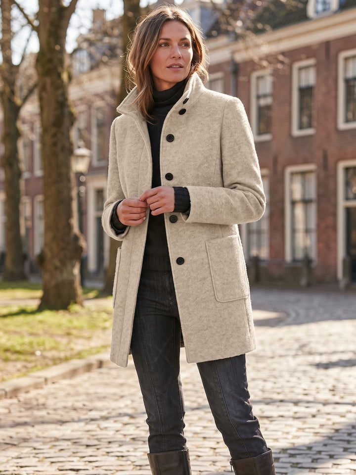 Women's Wool Blend Single-Breasted Coat with Stand Collar and Patch Pockets 11