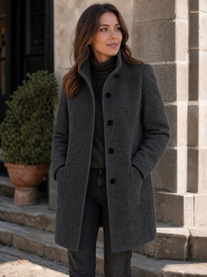 Women's Wool Blend Single-Breasted Coat with Stand Collar and Patch Pockets 6