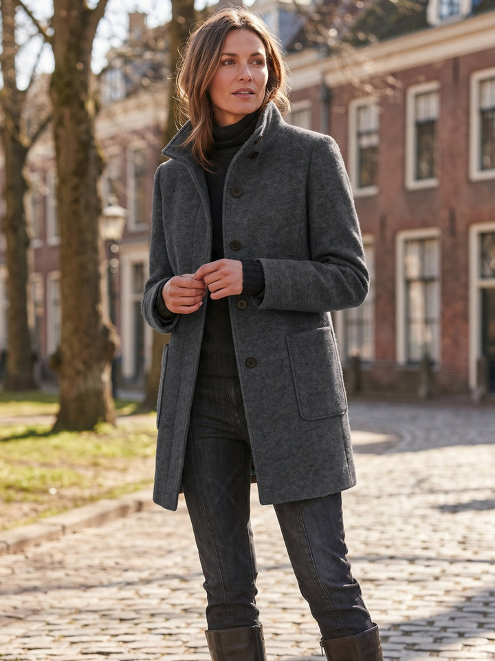 Women's Wool Blend Single-Breasted Coat with Stand Collar and Patch Pockets 7