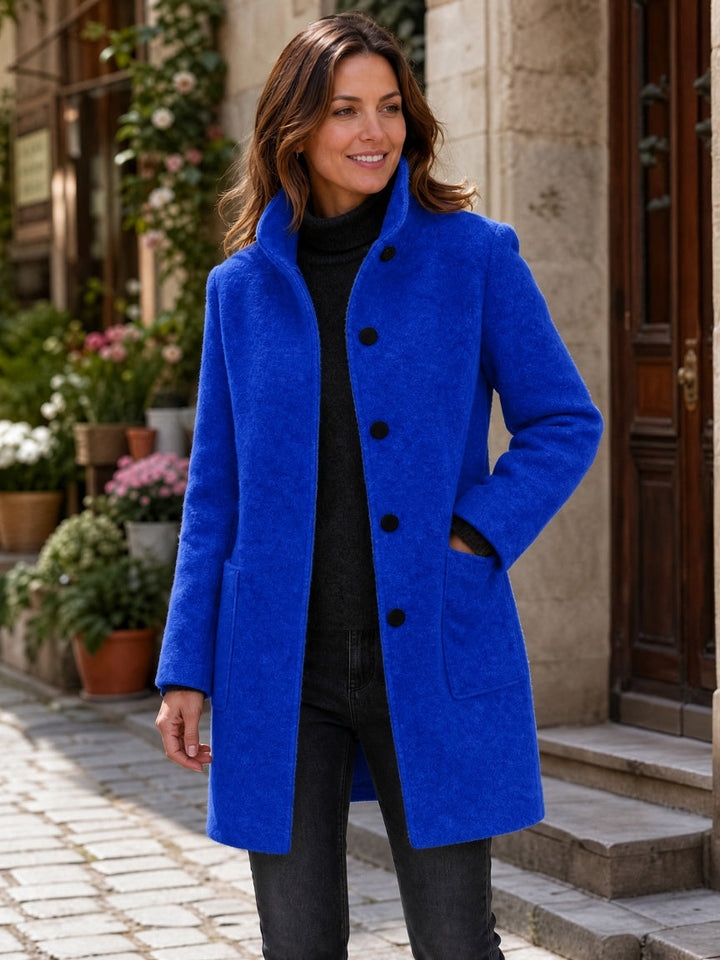 Women's Wool Blend Single-Breasted Coat with Stand Collar and Patch Pockets 25