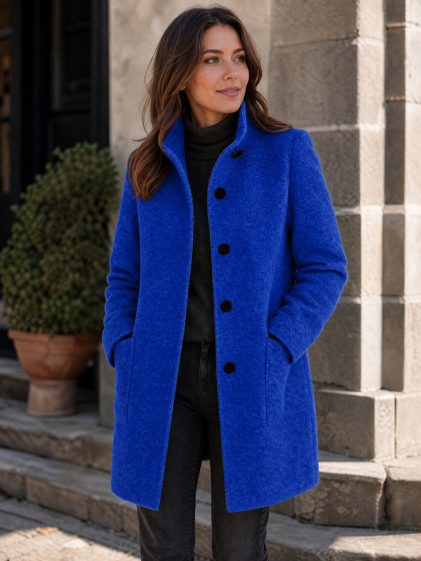 Women's Wool Blend Single-Breasted Coat with Stand Collar and Patch Pockets 26