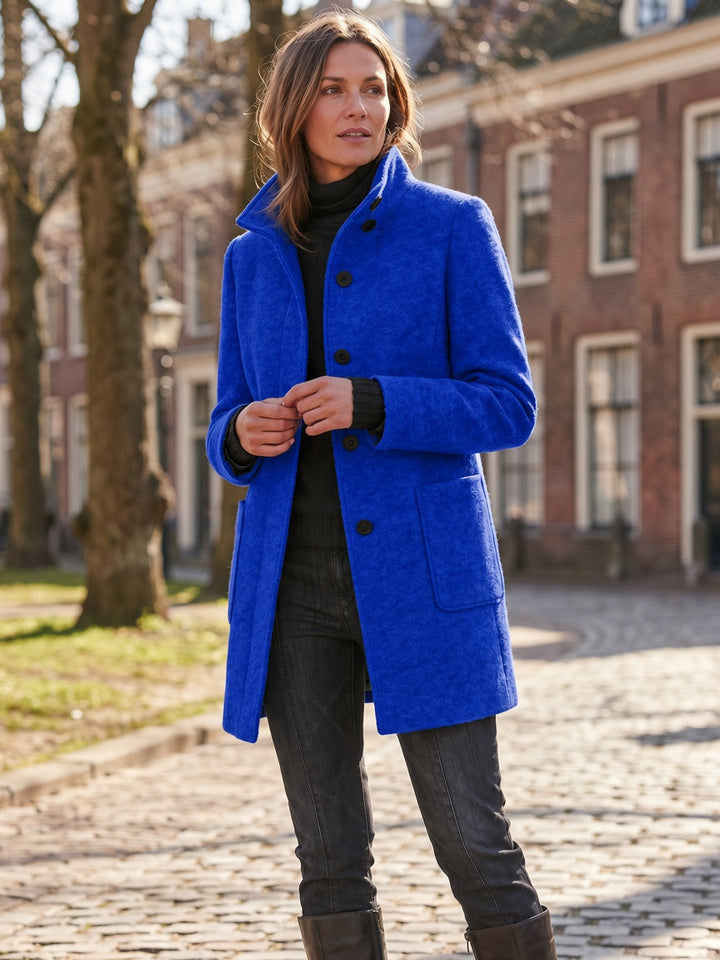 Women's Wool Blend Single-Breasted Coat with Stand Collar and Patch Pockets 27