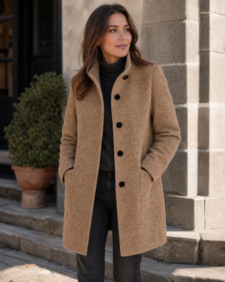 Women's Wool Blend Single-Breasted Coat with Stand Collar and Patch Pockets 1